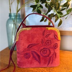 Vintage Red Velvet Floral Embroidered Structured Handbag